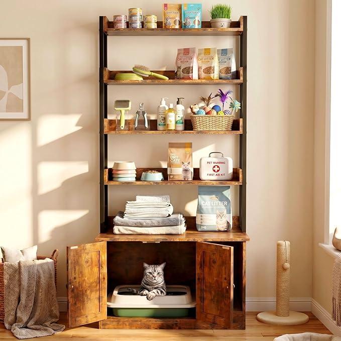 IRONCK Litter Box Enclosure with 4 Shelves and Doors, Large Wood Cat Litter Box Furniture Hidden with Storage and Scratch, Fit Most of Litter Box, Vintage Brown - Image 4
