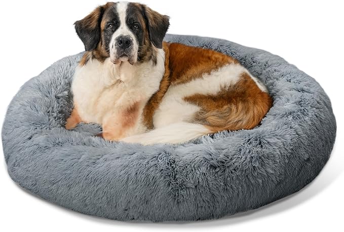 Best Friends by Sheri The Original Calming Donut Dog Bed for Extra-Large Dogs up to 150 lbs, Shag Faux Fur, Gray, 45" x 45" by BestFriendsbySheri