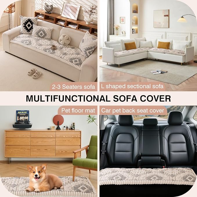 STACYPIK Thickened Geometric Gray Couch Cover for Dogs Washable, Non Slip Plush Sofa Covers for 3 Cushion Pet Friendly, Soft Fuzzy Sofa Covers L Shape, Quilted Dog Couch Protector Bed Mat-27.6X82.7IN - Image 6