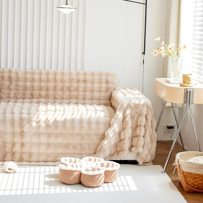 Soft Warm Light Tan Plush Sofa Cover Premium Faux Fur Couch Cover | Solid Non Slip Fluffy Sofa Slipcovers Washable Furniture Protector for Kids, Dogs, L Shaped Sofas, XX-Large, 71''x150'' - Image 2