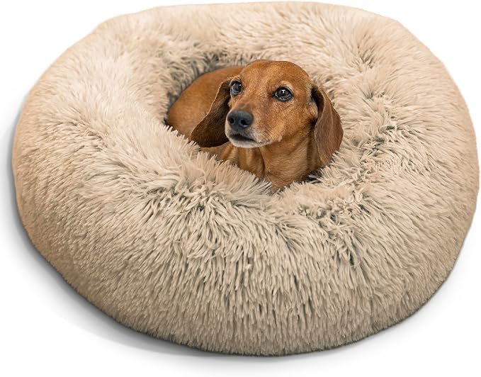 Best Friends by Sheri The Original Calming Donut Dog Bed for Small Dogs up to 25 lbs, Shag Faux Fur, Taupe, 23" x 23" by BestFriendsbySheri