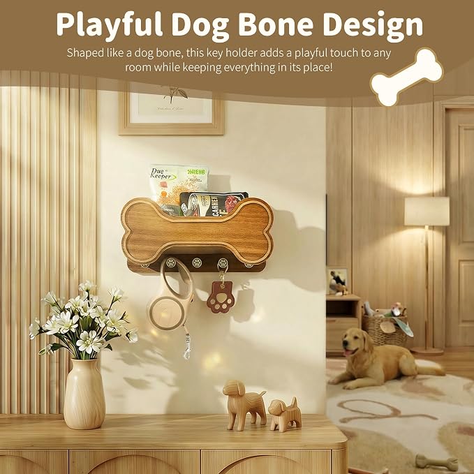 MTERSN Decorative Dog Leash Holder for Wall - Bone Key Holder Wall Mount with 5 3D Puppy Paw Hooks & Hanging Shelf for Dog Lover - Cute Stuff for Puppy Essentials (Acacia) - Image 3