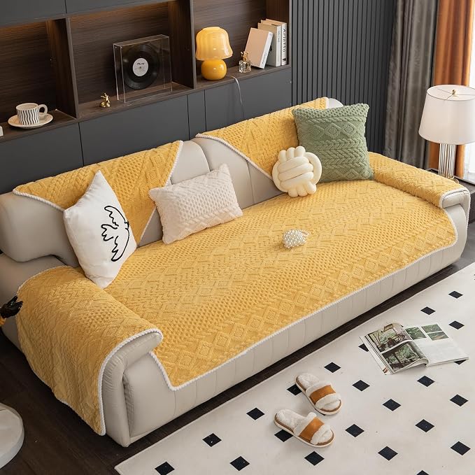 vctops Cable Jacquard Plush Sofa Couch Covers Boho Fuzzy Couch Cover for Dogs Soft Non Slip Sectional Sofa Slipcover Thick Warm Washable Furniture Protector for Kids, Pets (Yellow,28"x59") - Image 5