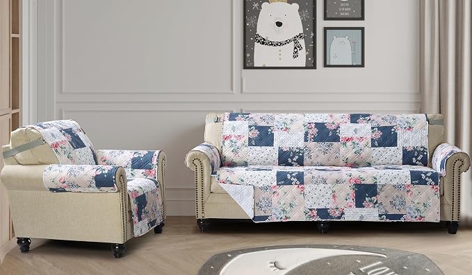 Brilliant Sunshine Vintage Indigo and Pink Roses Recliner Cover, 26" seat | Traditional Patchwork Design, Non Slip Sofa Cover, Quilted Furniture Protector, Washable Reclining Chair Slipcover for Pets - Image 7