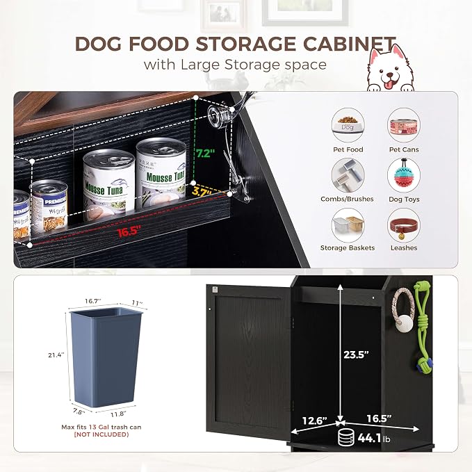 FIMELLO Dog Feeding Station with Storage, Dog Food Cabinet with 2 Hidden Feeding Bowls, Flip-Top Pet Storage Cabinet, Pet Food Holder, Black Grain - Image 3