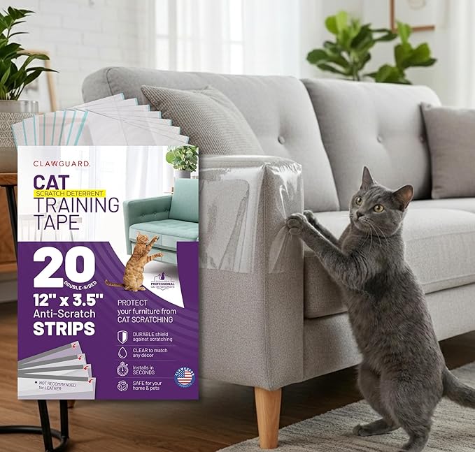 CLAWGUARD Cat Training Tape Strips – 20 Pre-Cut Double-Sided Anti Scratch Shields (12x3.5 in) – Cat Scratch Furniture Protector for Sofa & Surfaces by CLAWGUARD