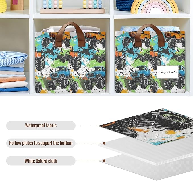 Colorful Monster Truck Splash Trucks Baby Storage Basket with Labels&Handles Rectangular Waterproof Nursery Storage Bins Collapsible Shelf Organizer Baskets for Kids Books Cloth Gift Toys Laundry - Image 5