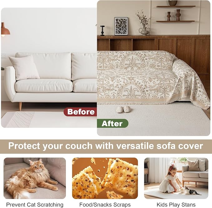 ROOMLIFE Couch Cover Boho Sofa Covers for 3 Cushion Couch Washable, Furniture Protector Sofa Couch Cover for Dogs, Soft Breathable Sofa Slipcover, Couch Throw Blankets with Tassels 71''X118'' - Image 3