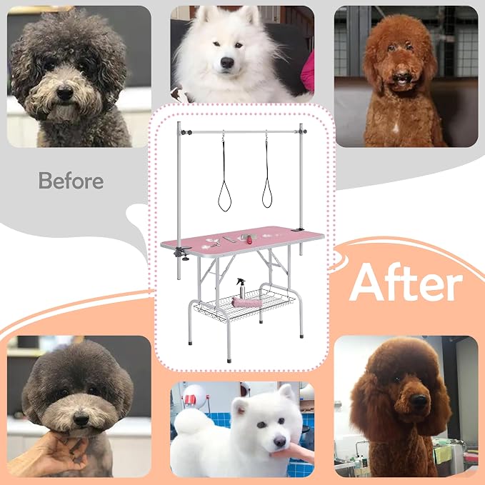 Yaheetech 46'' Pet Grooming Table for Large Dogs Adjustable Height - Portable Trimming Table Drying Table w/Arm/Noose/Mesh Tray Maximum Capacity Up to 265Lb -Pink - Image 2
