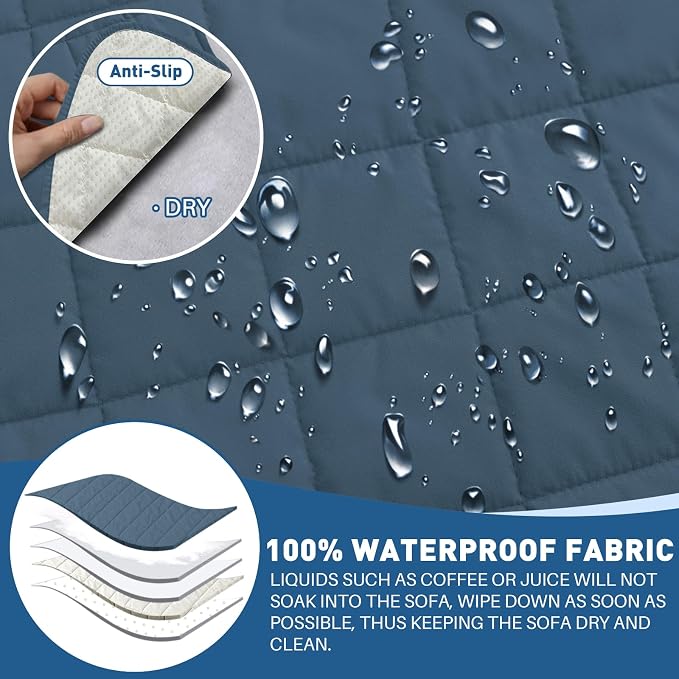 MAXIJIN Waterproof Couch Covers for 3 Cushion Couch Sofa Pet Friendly, 69" Quilted Sofa Covers Washable Dog Couch Cover Protector with Elastic Strap & Side Pocket (Sofa, Berlin Blue) - Image 3