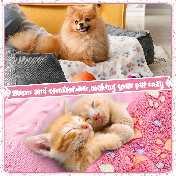 Tegeme 12 Pcs Pet Blankets 23 x 16 Inch Soft Fluffy Fleece Dog Cat Warm Paw Print Pattern Blankets Flannel Throw for Pets Dog Puppy Cat(Pink,Beige,Camel) - Image 6