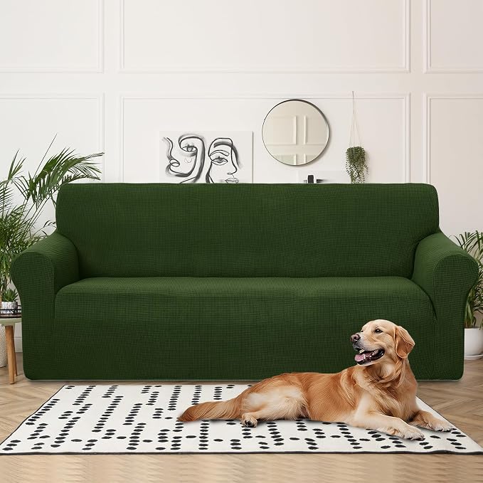 U-NICE HOME 4 Seater Stretch Couch Cover for 3 Cushion Sofa, Bronze Green | 1-Piece Sofa cover, Washable, Pet friendly, Furniture protector, Polyester Spandex Jacquard fabric - Image 2