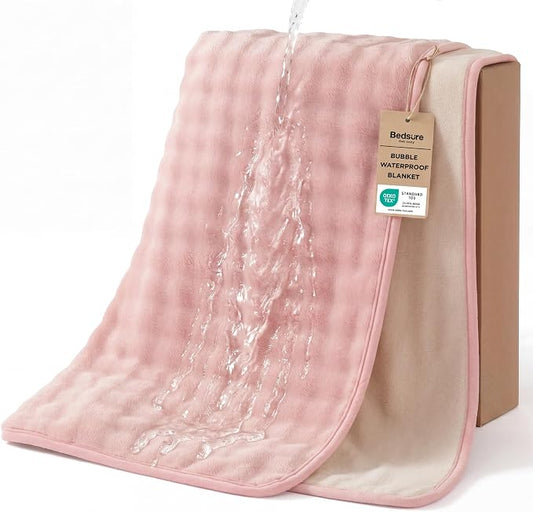 Bedsure Bubble Waterproof Blanket for Couch - Soft Fleece Reversible Dog Blankets for Small Dogs, Waterproof Couch Sofa Cover Bed Protector, Pink/Beige, Throw 50x60 inches by BEDSURE