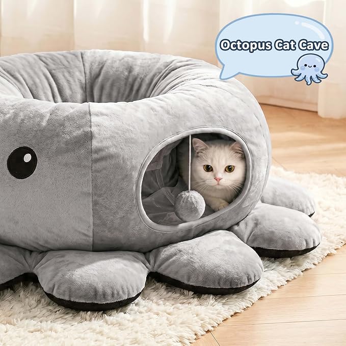 Cat Tunnel Bed for Indoor Cats, Peekaboo Cat Cave Bed with 20 Pcs Cat Toys, Soft Cat Donut Tunnel for Kitten Large Cats, Grey Octopus - Image 3