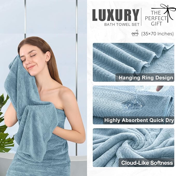 8 Piece Bath Towel Set |2 Oversized Large Bath Sheet,2 Hand Towels,4 Washcloths| Ultra Soft Bath Towel Set for Bathroom Hotel Gym Spa,Highly Absorbent Quick Dry Bathroom Towel Collections,Turquoise - Image 3