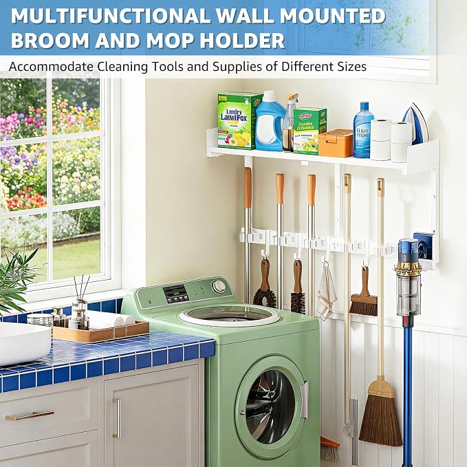 HUFAND Broom Holder Wall Mount, 27" Mop and Broom Organizer with Top Shelf | 5 Grippers,5 Movable S-Hooks,Breathable Grid Shelf,Rust-Resistant Coating,Hardware Included,for Kitchen,Laundry Room - Image 5