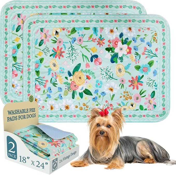 Homimp Washable Pee Pads for Dogs,2 Pack Spring Floral Reusable Puppy Pads Waterproof,Absorbent and Leakproof Dog Pee Pads,Non Slip Puppy Training Pads,Pet Mat for Floor,Whelping,Teal 18"x24" by HOMIMP