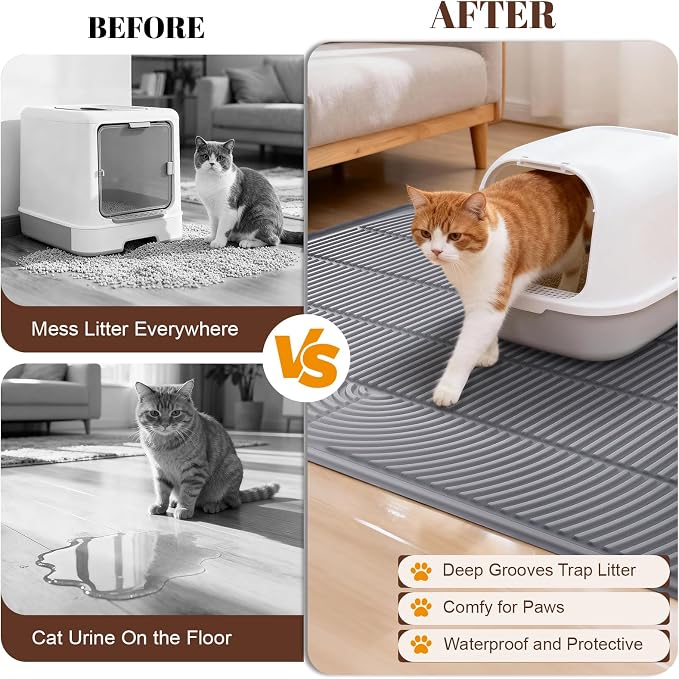 XXL Cat Litter Mat, 47"x35" Water-Resistant & Anti-Slip Litter Trapper for Kitty Litter Box, Easy Clean Silicone Floor Mat for Pets, Grey - Image 3