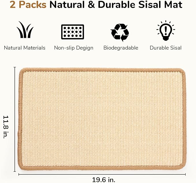 FUKUMARU 2 Packs Cat Scratching Mat, 19.6 x 11.8 Inch Cat Scratcher Pad | Natural Sisal Cat Scratch Mat for Indoor Cats, Horizontal Cat Wall Scratcher Floor Rug with Sticky Tapes, Furniture Protector - Image 2