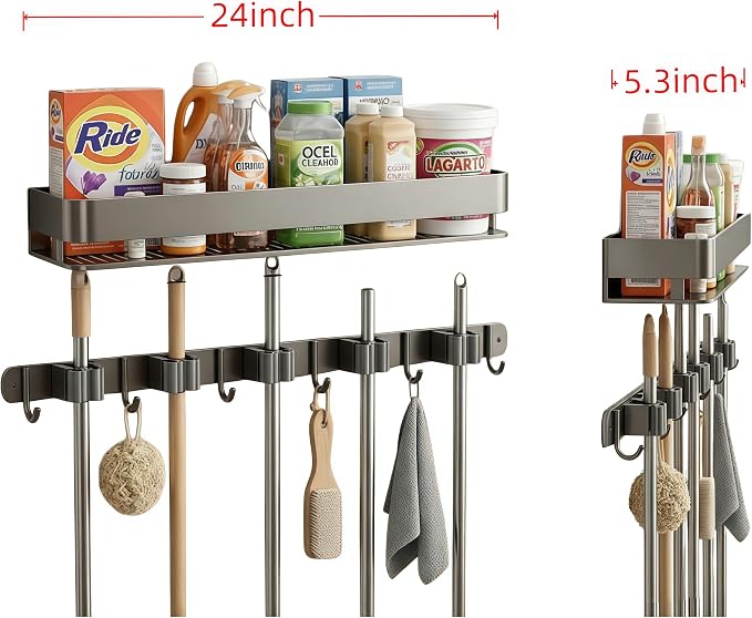 Broom Holder Wall Mount 24 Inch, Heavy-Duty Hooks & Sturdy Anti-Fall Large Capacity Shelf, Holds Brooms, Mops, Vacuums & Cleaning Supplies for Laundry Room, Garage and Closet - Image 3