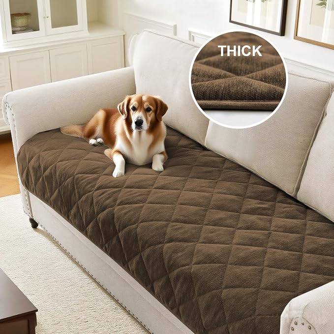 Couch Covers for Dogs Chenille Sofa Covers for 3 Cushion Washable Quilted Checkered Fuzzy Pet Couch Cover Soft Couch Protector Non-Slip Sofa Pads for Puppy Cat Kids(34.5" x 70", Brown) - Image 2