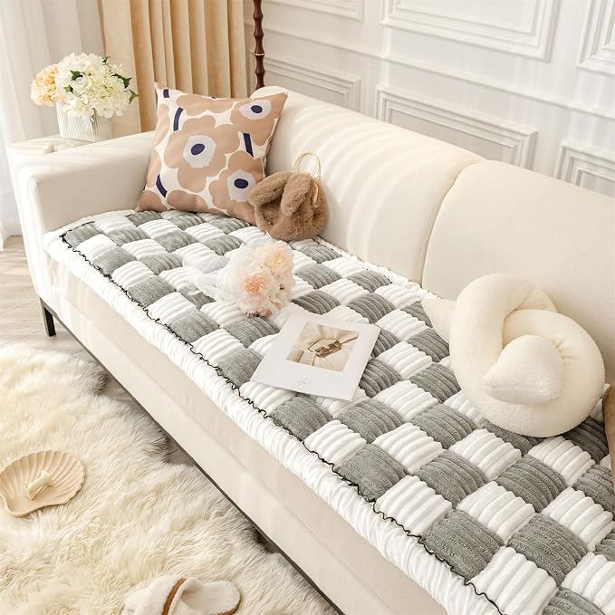 Fuzzy Couch Cover for Dog, Modern White Grey Checkered Couch Cushion Cover | Non Slip Couch Cover for 2 Cushion Couch Sofa Pet Friendly, Washable Sofa Cover Durable Anti-pilling Furniture Protector - Image 9