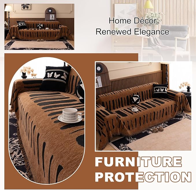 ROOMLIFE Dark Brown Couch Cover 3 Cushion Sofa, Washable Non Slip Furniture Sofa Protector Cover, Soft Chenille Sofa Slipcovers Sectional L Shape Dogs Couch Cover Throw Blanket with Tassels71''X150'' - Image 5