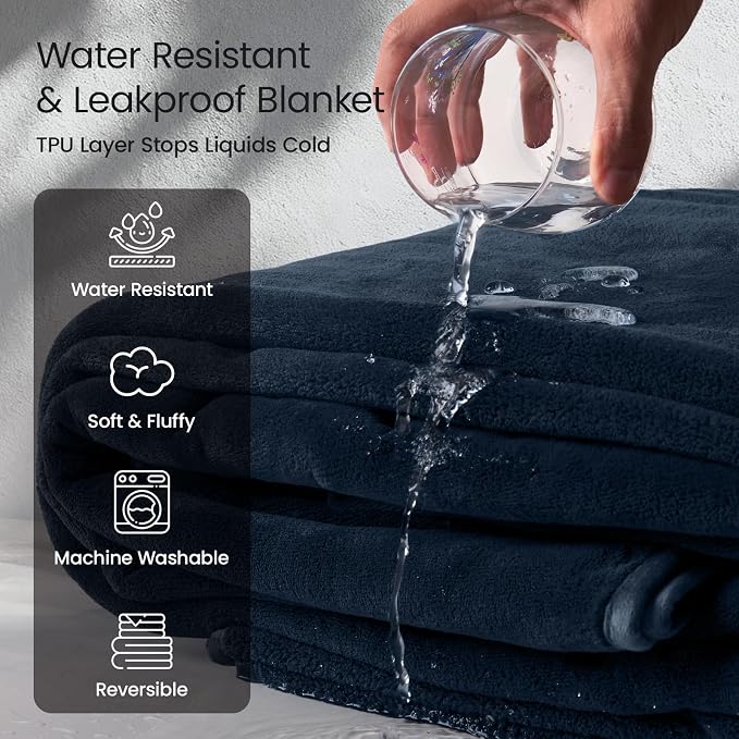 LOOBANI Waterproof Blanket for Twin Bed, Reversible Leakproof Throw 60"x80" | Waterproof Dog Blanket for Pet Accidents, Soft Flannel & Coral Fleece, Bed Throw, Stain-Resistant Furniture Protector, Blue - Image 3