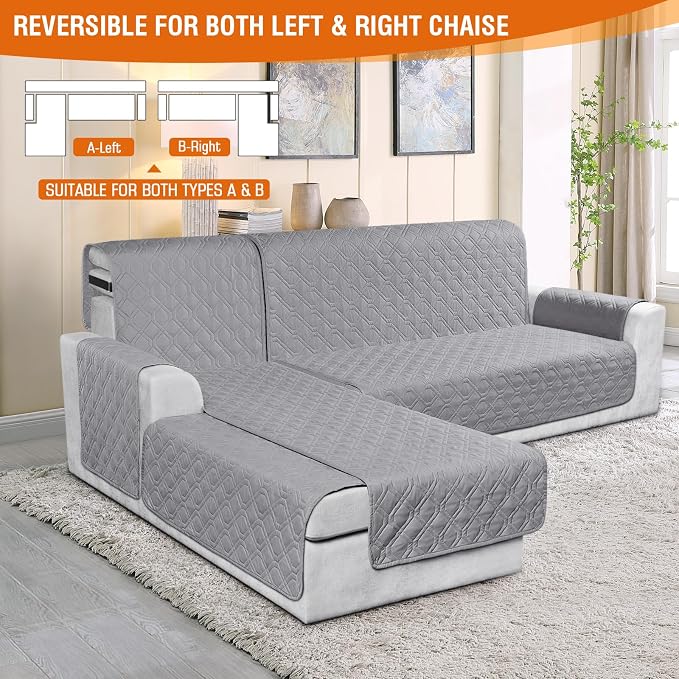 VANSOFY Sectional Couch Covers 100% Waterproof L Shaped Sofa Slipcover 3pcs Reversible Chaise Lounge Cover for Sectional Sofa Furniture Protector Cover for Pets Cat Dog(Small, Light Gray) - Image 2