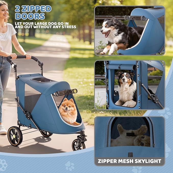 Magshion Pet Stroller for Medium Dogs w/Adjustable Handle, 3-Wheel Dog Cat Wagon w/Dual Entry, Rear Storage, Breathable Mesh, One-Foot Brake, Ideal for Large Pets up to 55 lbs, Navy Blue