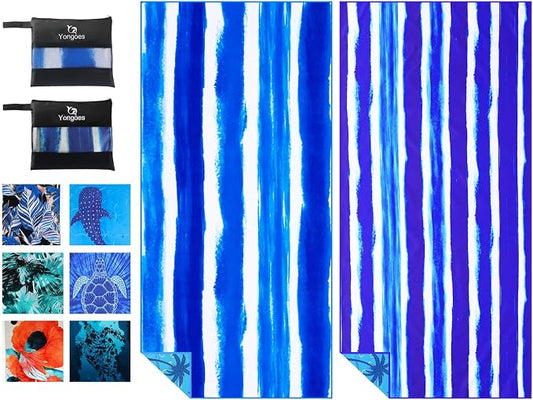 Yongoes 2 Pack Microfiber Beach Towels Oversized 71x32 Blue Striped | Thin & Lightweight, Sand Free, Super Absorbent Quick Dry Large for Pool Swim Bath Travel Vacation Accessories Essentials by Yongoesbeachtowel