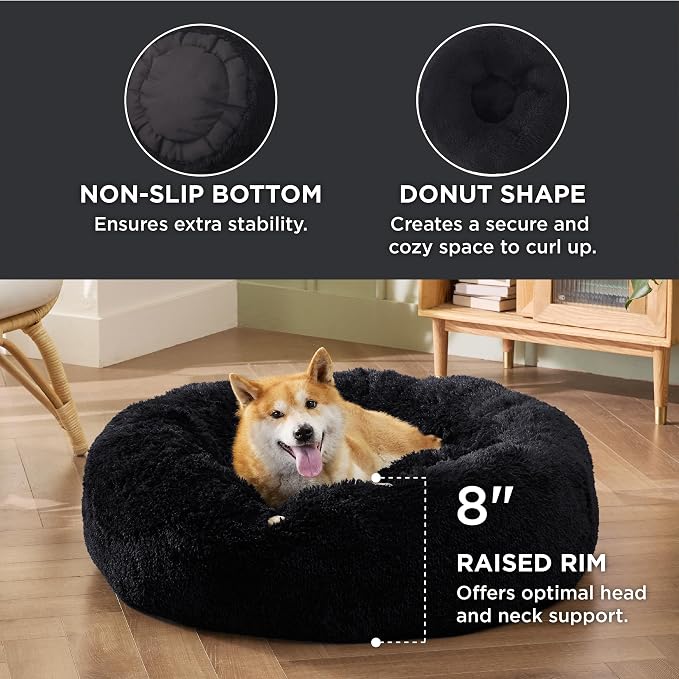 Bedsure Calming Dog Bed Medium Size Dog Donut Washable Pet Bed,30ins Black | Fluffy Faux Fur Round Cuddler,Machine Washable,Anti-Slip Bottom,Anti-Anxiety,Deep Sleeping for Pets Up to 45 Lbs - Image 3