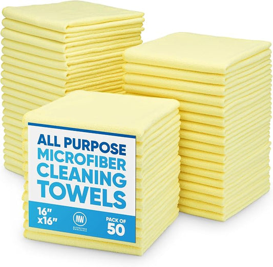 Microfiber Wholesale - 16"x16" 50 Pack Microfiber Cleaning Cloths, All-Purpose Shop Rags for Janitorial, Auto Detailing, Restaurants & Home Use — Reusable, Machine Washable (Yellow) by MicrofiberWholesale