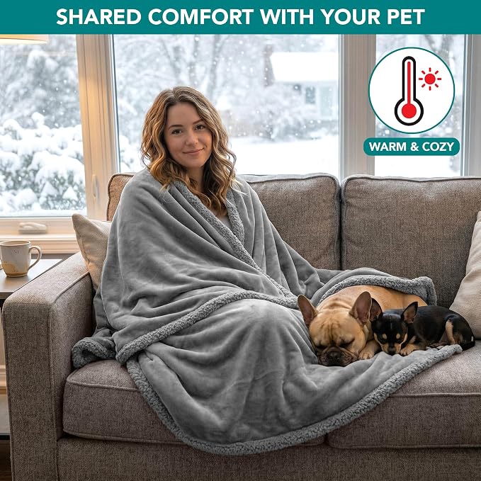 PetAmi Waterproof Dog Blanket for Couch, Large 60x40, Pee Proof Sherpa Fleece Reversible Pet Throw, Furniture Protector for Bed Sofa Kennel, Soft Washable Cover for Medium Dogs Cats, Light Grey - Image 4