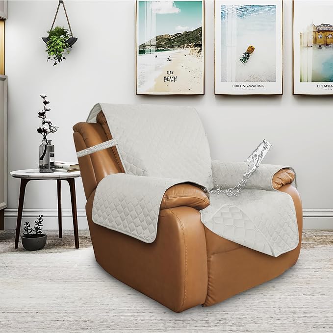 ISSUNTEX Double Protection 100% Waterproof Recliner Covers for Living Room, Reversible Furniture Protector Recliner Couch Sofa Slipcover for Dogs, Pets, Kids (Oversized Recliner, Ivory/Ivory) - Image 2