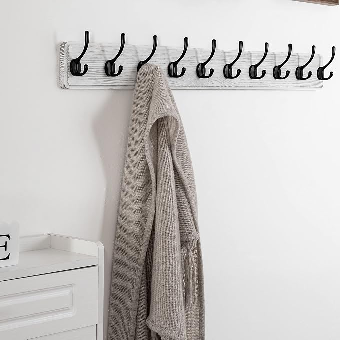 SKOLOO Rustic Wall Mounted Coat Rack, Case of 2, Pine Solid Wood Coat Hook Hanger - 10 Hooks for Hanging Clothes Robes Towels Coats - Image 3