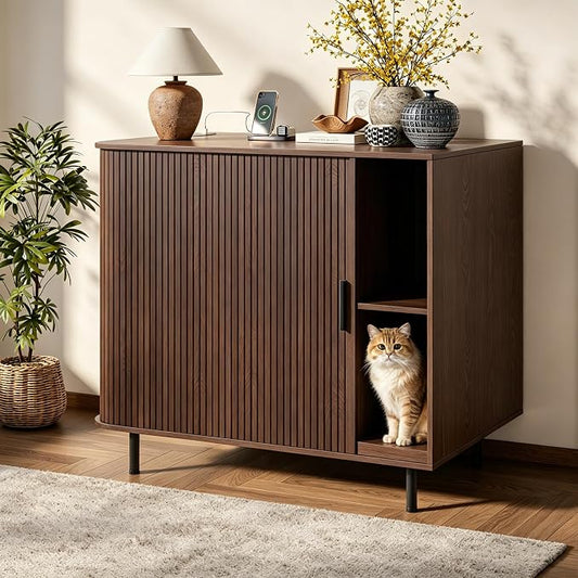Large Cat Litter Box Enclosure with Scratch Pad, 42.6'' Hidden Litter Box Furniture for Automatic self-Cleaning Litter Boxes, Sliding Door, Adjustable Shelf for Dog Proof, Charging Station, Walnut by OPERTION