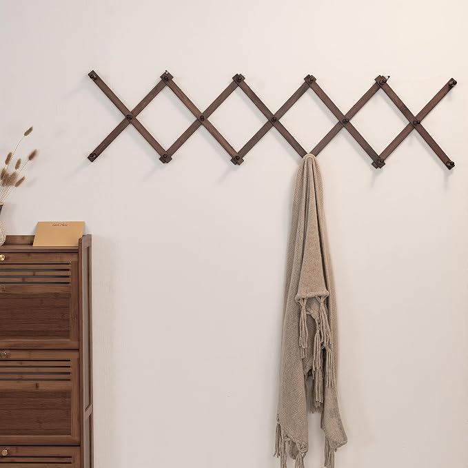 SKOLOO Hat Rack for Wall with 17 Hooks, Solid Wooden, Modern, Expandable Coat Rack Wall Mount for Coats, Hats, Bags, Baseball Caps, Walnut Color - Image 2