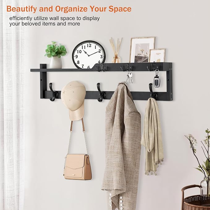 29'' Coat Rack Wall Mount with Shelf, Coat Hanger Wall Mount with Key Hooks and Mail Holder, Wood Entryway Floating Shelf with Hooks and Storage, Hat Rack for Wall Key Holder Mail Organizer - Image 7