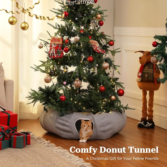 PEQULTI Cat Donut Tunnel with Bed for Indoor Cats, Cat Play Tunnel with Washable Soft Plush Mat, Round Tube Toys Cute Tube for Kittens, Puppies, Rabbits and Ferrets, Grey - Image 2