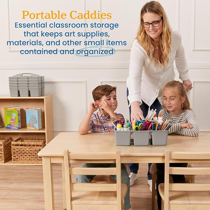 ECR4Kids 6-Compartment Large Plastic Caddy, Multipurpose Organization, Grey, 6-Pack - Image 3