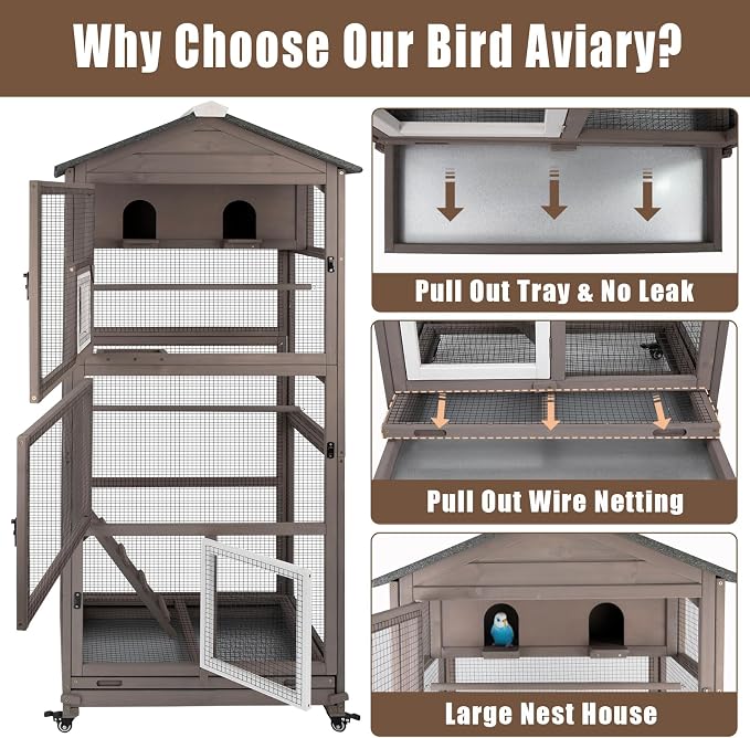 Ketive Flight Bird Cage Outdoor Large Wooden Bird Aviary Parrot Cage for Parakeet, Finches and Any Small Birds - Pull Out Wire Netting, Slide-Out Tray, 2 Perches, Nest House, 4 Wheels Include, Grey - Image 3
