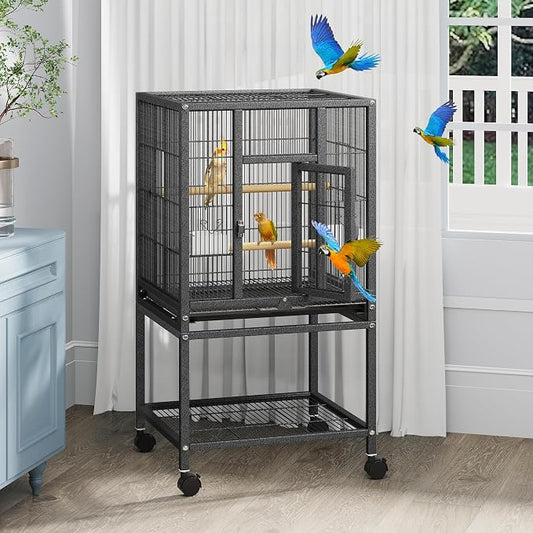 YITAHOME 41 inches Metal Bird Cage for Parakeets: Large Parrot Cages with Tray, Food Boxes, and Wooden Perches with Rolling Stand & Brakes for Lovebirds Cockatiels Pigeon Finches, Black | Large Parrot Cages with Tray, Food Boxes, and Wooden Perches wit... by YITAHOME