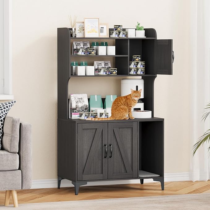 IDEALHOUSE Cat Litter Box Enclosure with Shelves and Doors,Wood Sturdy Hidden Litter Box Furniture,Indoor Cat House Furniture for Most of Litter Box,Litter Box Cabinet,Walnut Color - Image 7