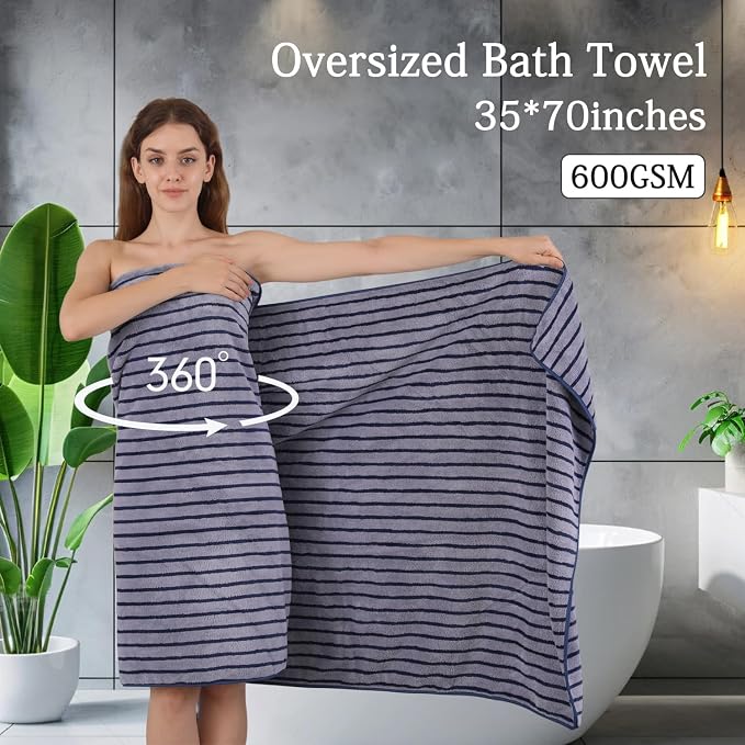 Mistyrose Bath Towels,4 Pack Navy Stripe 35"x70" Large Bath Towels Microfiber Absorbent XL Bath Sheets Super Soft Towels for Bathroom Quick Dry Oversized Shower Towels for Family Hotel Spa Gym - Image 2