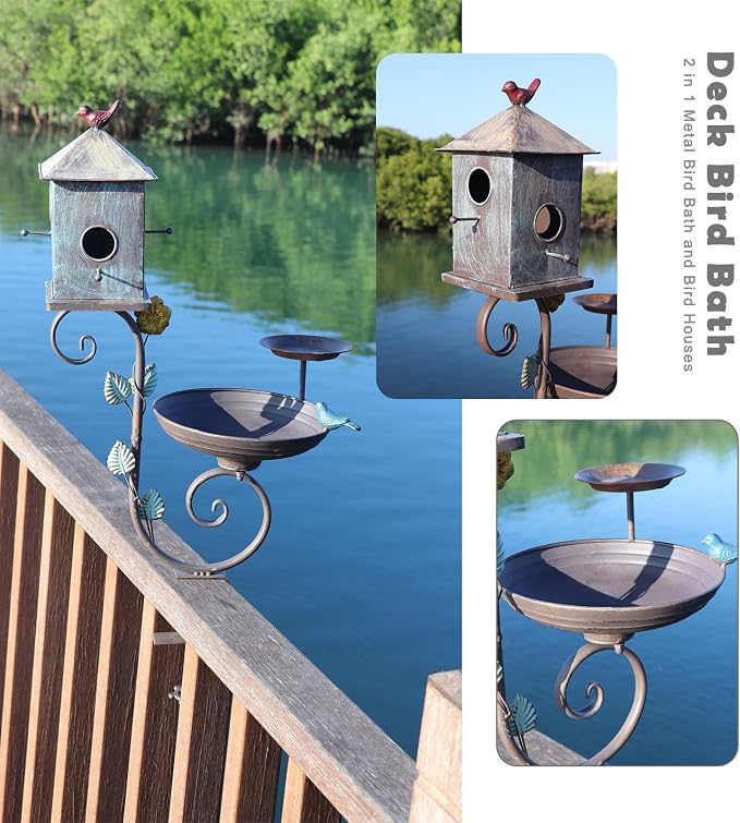Deck Bird Bath, Metal Bird Bath and Bird Houses, Deck Mounted Bird Bath | Detachable and Adjustable Sturdy Deck Bird Bath for Outdoor Porch Yard Garden Decoration - Image 5