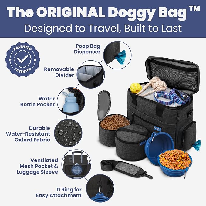 Rubyloo Original Doggy Bag™ Dog Travel Bag for Supplies with Travel Bowls | 2 BPA-Free Collapsible Bowls, 2 Pet Food Containers, TSA-Ready, Road Trips, Camping, Weekend Getaways, Doggy Gift, Charcoal - Image 2