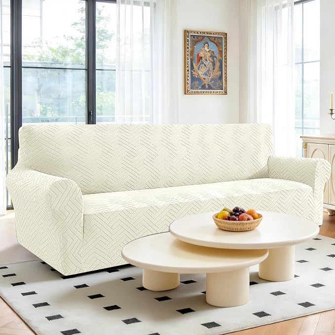 Stretch Sofa Cover Non-Slip Washable Furniture Protector | Stretch, 91"-110".Soft, Non Skid Foam, Elastic Bottom, Machine Washable, for Kids & Pets, Couch & Sofa, Beige Yellow - Image 2