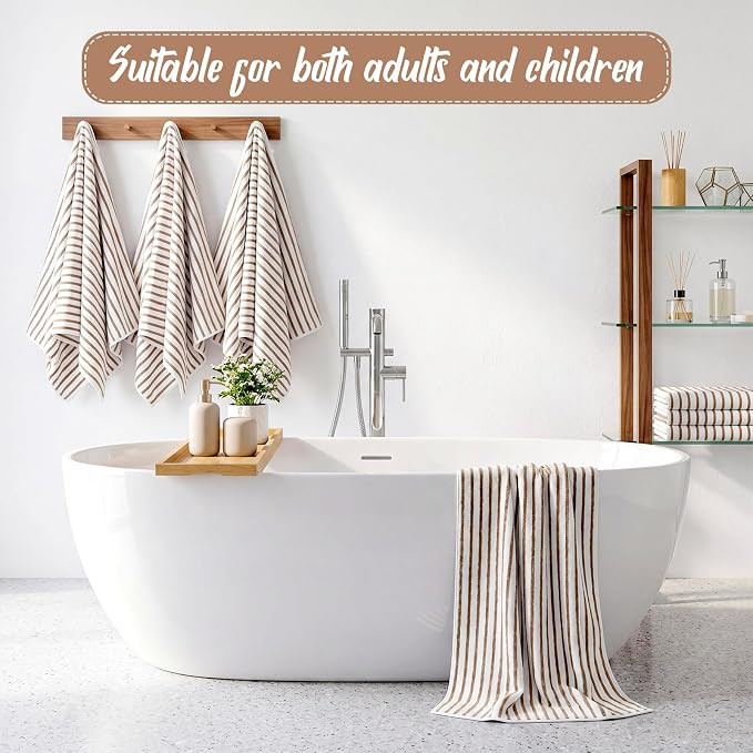 SmoothNovelty 8 Pack Microfiber Bath Towels Bulk 27'' x 60'' Oversized Bath Towel Highly Absorbent Extra Large Shower Sheets Soft Drying for Beach Pool Bathroom Salon Party(Thin Stripe,Camel) - Image 5