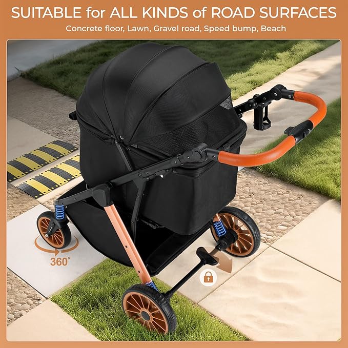 MAMIZO Foldable Dog Stroller for Medium Dogs Cats Up to 55 Lbs, Adjustable Height Handle, Pet Stroller with Aluminum and Carbon Steel Frame, Sun Shades, Storage Basket & Shock Absorbers, All-Terrain